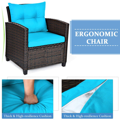 COSTWAY 3PCS Patio Furniture Set, PE Rattan Wicker Sofa w/Washable Cushion and Coffee Table, Tempered Glass Tabletop, Outdoor Conversation Set for Balcony, Porch, Yard, Backyard, Lawn, Turquoise