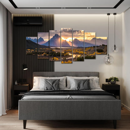 iKNOW FOTO XLarge Canvas Set of 7 Wall Art Grand Teton National Park in Autumn in Wyoming USA Landscape Picture Prints Painting Scenery Wall Decor for Home Decorations 70x32 Inches