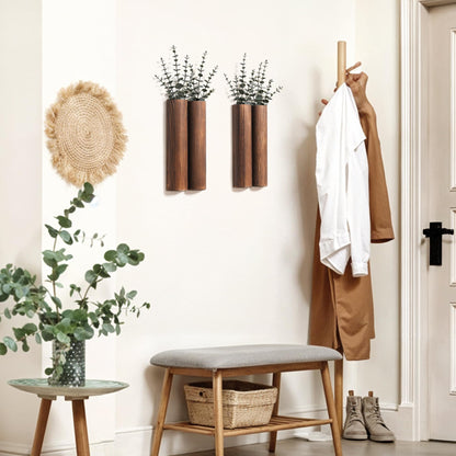 Fttoyoly Wood Wall Planter with 20 pcs Artificial Eucalyptus, Modern Decor for Living Room Bedroom Bathroom Entryway, Farmhouse Boho Wall Vases for Dried Flowers and Faux Plants - 4 Pack