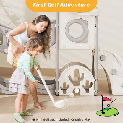 67i Toddler Indoor Playground Slide and Swing Set with Climbing Arch, Golf, Basketball - Outdoor Playset for Toddlers 1-3, Kids Activity Center (White Gray, with Swing)
