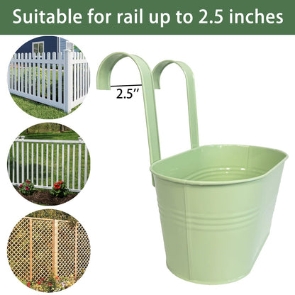 Joyfernal Balcony Hanging Planters Flower Pots, 10" Metal Flower Pots for Outdoor Balcony Rails, Fence Pot Hanging Plant Holders with Detachable Hooks for Garden Patio Yard Decor (Mint Green, 4Pcs)