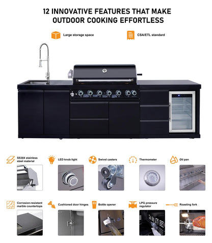 114 Inch Outdoor Kitchen Island, 6 Burner Propane Gas BBQ Grill Station, 83500 BTU 304 Stainless Steel Grill Combo with Sink & Refrigerator, CSA ETL Certified, Black