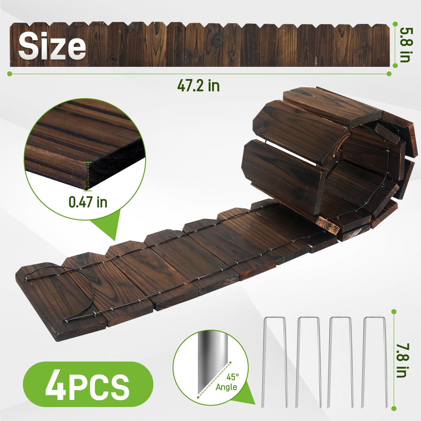Mulctun Wood Garden Edging - 5.9" H X 47" L Sturdy Wooden Landscape Edging, Small Flower Bed Edging Borders, Decorative Wooden Garden Fence for Yard Flower Bed Lawns Pathway Tree (4 Packs)