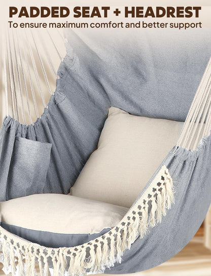 Chihee Hammock Chair Hanging Swing Max 500 Lbs 2 Cushions Included Metal Spreader Bar with Anti-Slip Grooves Portable Hanging Chair Side Pocket Large Macrame Bohemian Chair Indoor Outdoor