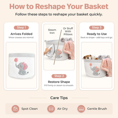 Elephant Storage Basket for Nursery – Large 15”x11” Cotton Rope Bin with Soft Felt Elephant Patch – Toy Organizer, Baby Laundry Hamper, Diaper & Towel Holder – Foldable, Washable & Baby-Safe