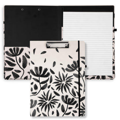 Steel Mill & Co Cute Clipboard Folio with Refillable Lined Notepad and Interior Storage Pocket, Padfolio for Work/Nursing/Teachers, Hand Drawn Black Floral