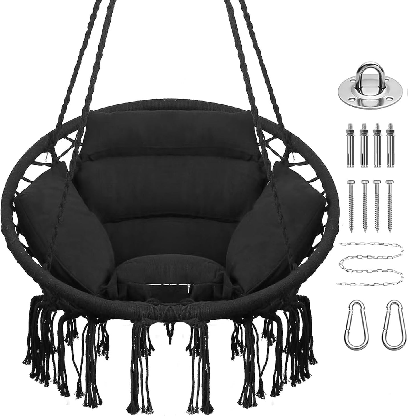 Goutime Hammock Chair with Hanging Hardware Kit and Back Cushions,Macrame Boho Swing Chairs for Indoor,Outdoor,Bedroom,Patio (Black)