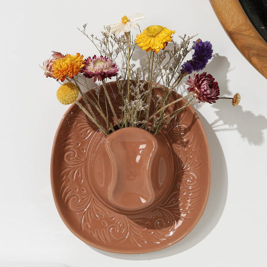 Hanging Wall Planters for Indoor Plants, Wall Vases for Flowers, Ceramic Cowboy Hat Vases for Decor, for Bathroom, Living Room, Office, and Home Decor. Brown