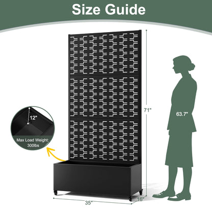 PolarcoForgeco Planter Box with Trellis and Wheels, Metal Privacy Screen with Garden Beds Outdoor for Climbing Plants, Standing Planter Boxes with Drainage Holes (35" L×16" W×71" H, Black Rectangle)