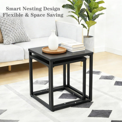 Meluvici Patio Outdoor Coffee Table Set of 2, Weather Resistant Steel Square End Tables, Outdoor Nesting Tables for Patio, Balcony, Bistro and Indoor, Black (Black)