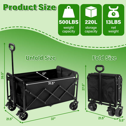 Wagon Cart Foldable,500Lbs Collapsible Wagon Cart with Wheels Portable, All Terrain Outdoor Utility Carts for Groceries, Camping, Sports, Garden, Shopping, Black