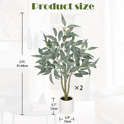 2 Packs Artificial Eucalyptus Tree in White Pot – 3FT Faux Indoor Plant for Home Décor, Modern Greenery for Living Room, Bedroom, Office – Realistic Silk Leaves, Minimalist Planter