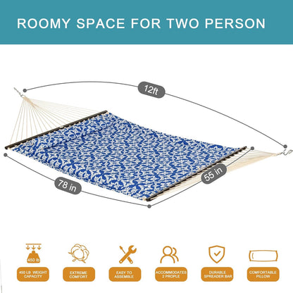 Lazy Daze Hammocks 12FT Quilted Fabric Hammock with Soft Pillow, Double 2 Person Tree Hammock with Spreader Bar for Outside Patio Poolside Backyard Beach, 450lbs Capacity
