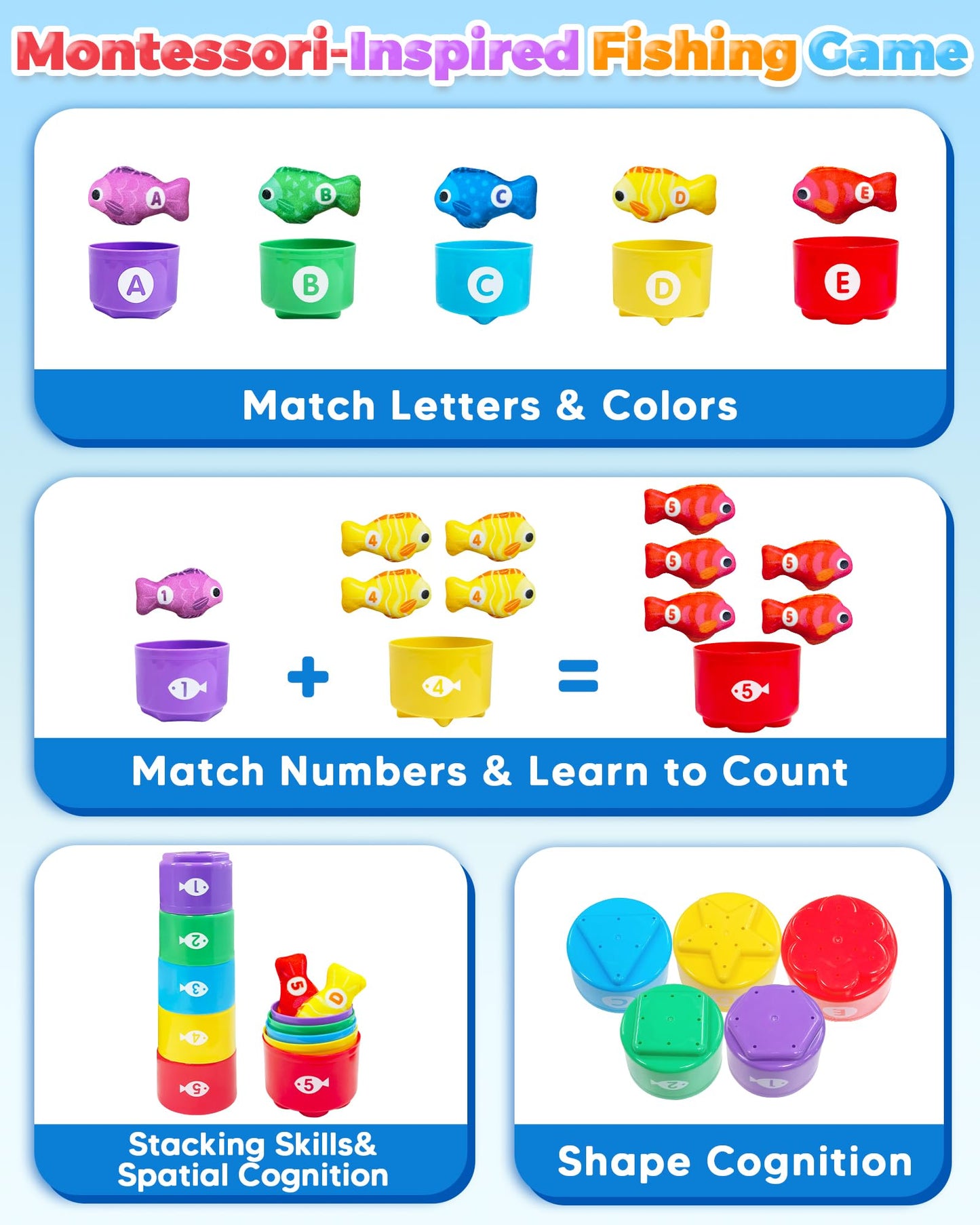 Montessori Toys for 1 Year Old, Toddler Fishing Game with Stacking Cups, Learning Educational Toys for 1 2 Year Old Boy Girl Birthday Gifts, Baby Toy 12-18 Months, Sensory Sorting Toy for Toddlers 1-3