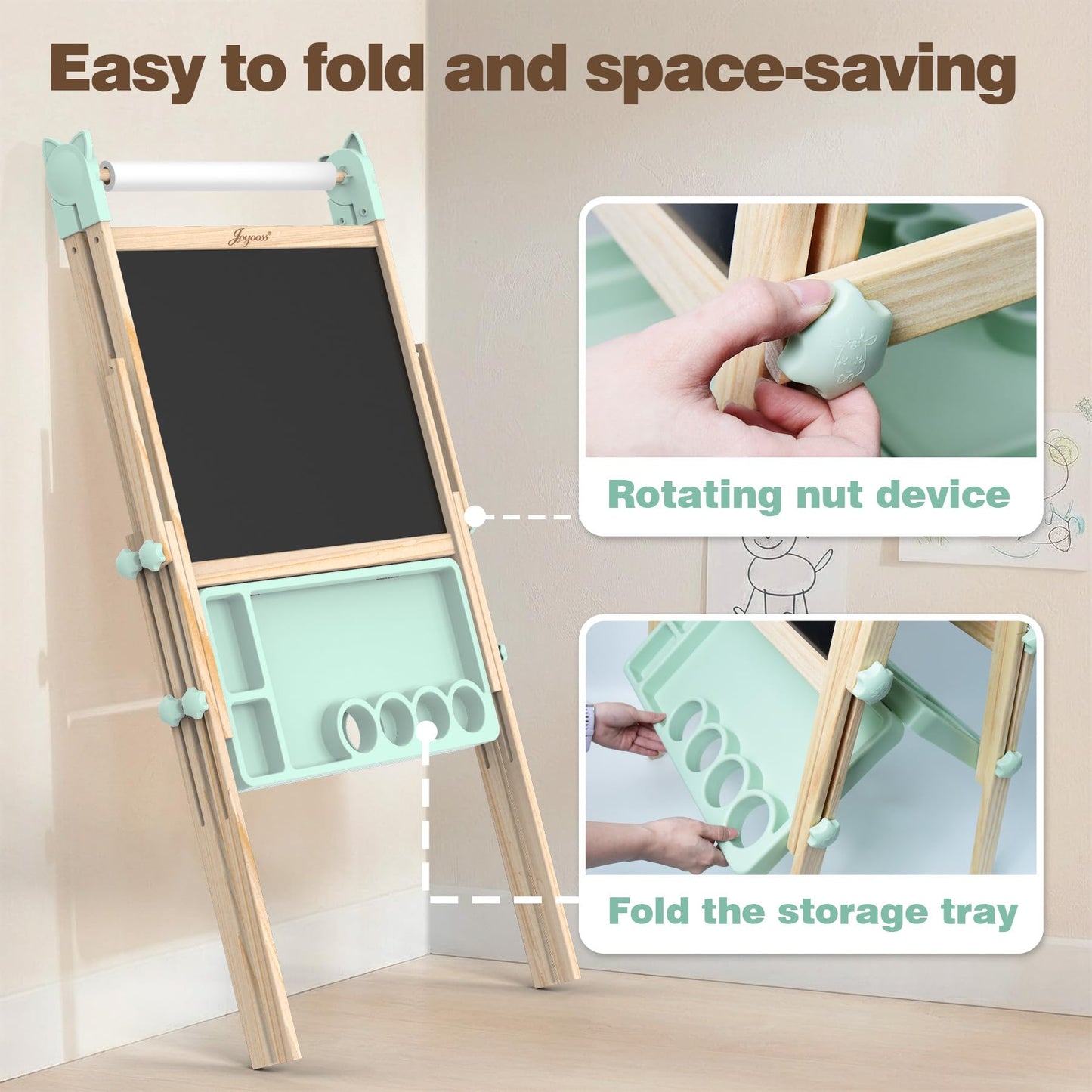 JOYOOSS Easel for Kids Ages 4-8 Easels for Toddlers Art Kids Easel Age 8-12 Wooden Drawing Easels Double-Sided Magnetic Whiteboard Chalkboard with Paper Roll for Kid Dry Erase Board Green