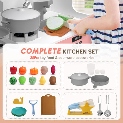 BIERUM Play Kitchen with Realistic Lights & Sounds, Wooden Kitchen Playset with 28 Pcs Toy Food & Cookware Accessories, Toy Kitchen with Plenty of Play Features, Idea Gift for Boys and Girls Ages 3+