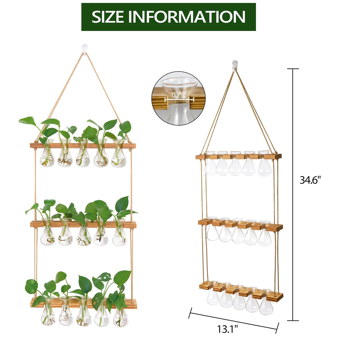 XXXFLOWER Wall Hanging Propagation Station with Wooden Stand 5 Bulb Vase 3 Tiers Planters Wall Terrarium for Home Office Plant Hanger Flower Vases Wall Decor