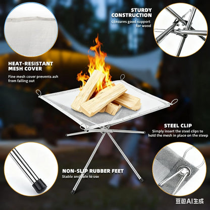 Portable Fire Pit for Camping,22 inch Outdoor Folding Fireplace with Heat Resistant Firepit Mat & Carrying Bag,Upgrade 304 Stainless Steel Mesh BBQ Fire Bowl for Picnics,Campfire,Backyard,Garden