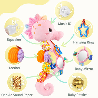 LIGHTDESIRE Baby Toys Musical Seahorse,Infant Stuffed Animal Toys with Crinkle and Rattles,Soft Sensory Toys with Textures for Tummy Time Newborn Boys Girls 0 3 6 12 Months(Pink)