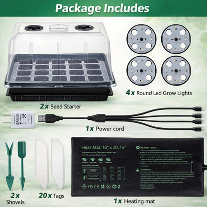 2 Sets 40 Cell Seed Starter Tray with Grow Lights and Heat Mat, Seed Starter Kit with 5.9” Humidity Dome and Vents, Indoor Plant Germination Trays, Seedling Startering Trays for Faster Germination