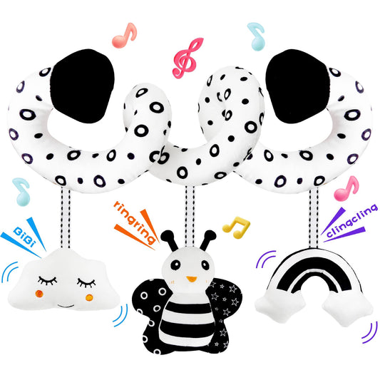 kizh Baby Hanging Stroller and Car Seat Toys High Contrast Baby Toys for Newborn Black and White Sensory Plush Activity Toys for Babies 0-6 Months-BEE