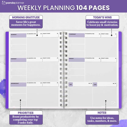 Panda Planner 2026 Undated Weekly Planner – Spiral Notebook 5.75" x 8.25" with 52 Weeks, Habit Tracker & Weekly To-Do Lists – Academic Planner & Productivity Organizer for Home, Office & School (Purple)