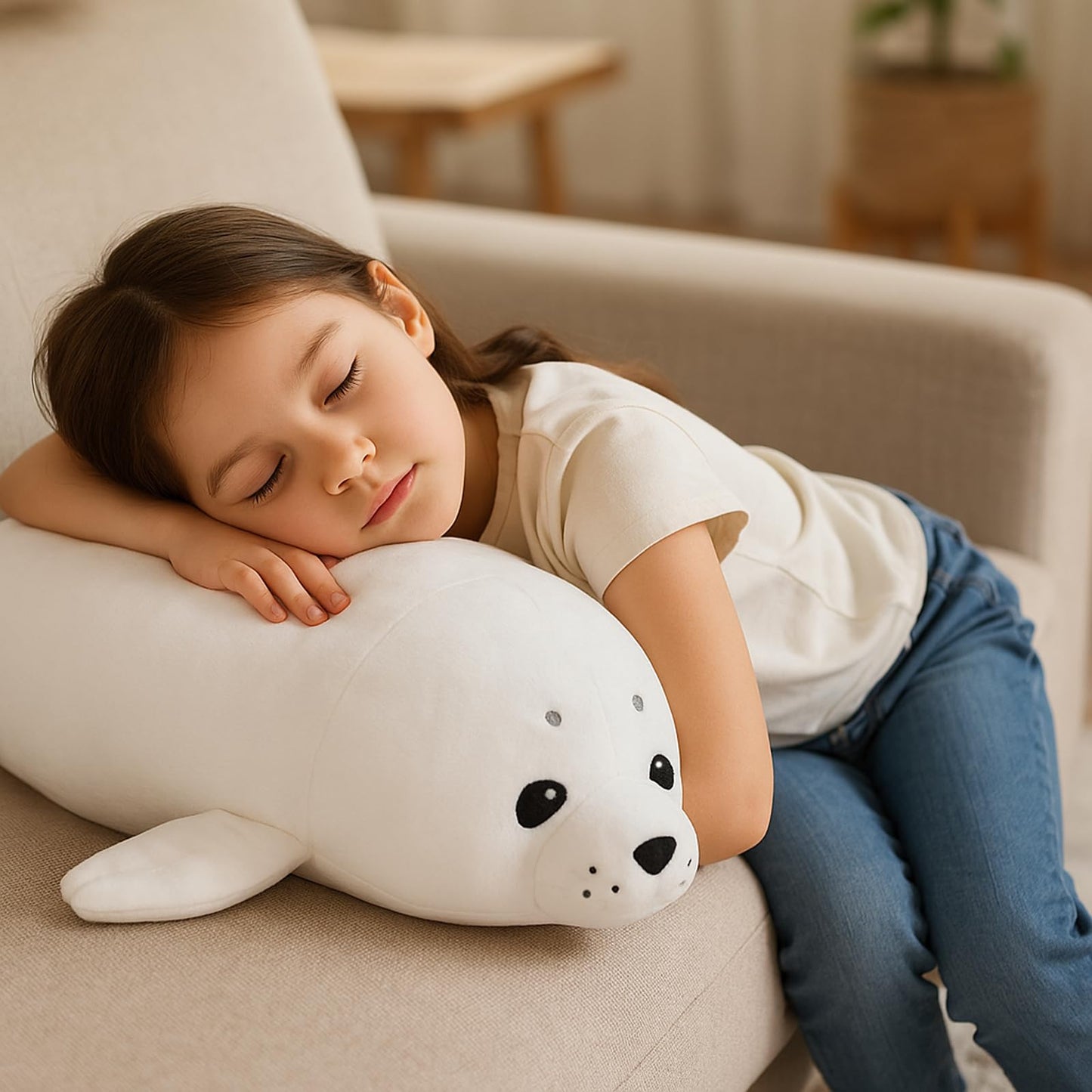 WEIGEDU Adorable White Baby Seal Plush Pillow – Soft Stuffed Animal Toy, Cuddly Hugging Body Pillow for Kids & Adults, 20" Arctic Ocean Seal Doll, Cute Sea Animal Plushie for Gifts & Decor