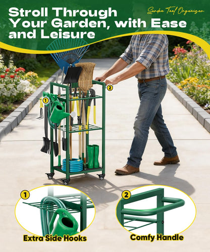 Lotspasie Garden Tool Organizer with Wheels, Heavy Duty 3 Tier Metal Yard Tool Storage Rack Holder with Side Hooks, Freestanding Garage Organizer for Shovels, Rakes, Brooms, Indoor Outdoor Use, Green