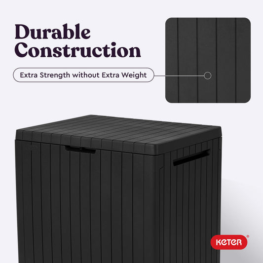 Keter City 30 Gallon Resin Outdoor Storage Box and Patio Furniture Side Table for Pool and Garden Accessories, Dark Grey