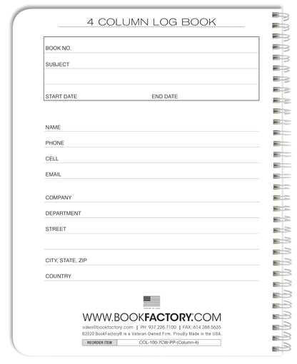 BookFactory 4 Column Log Book Columnar Logbook (Four Columns Notebook Format) - 100 Pages, 8.5'' x 11'', Wire-O (Made in USA)