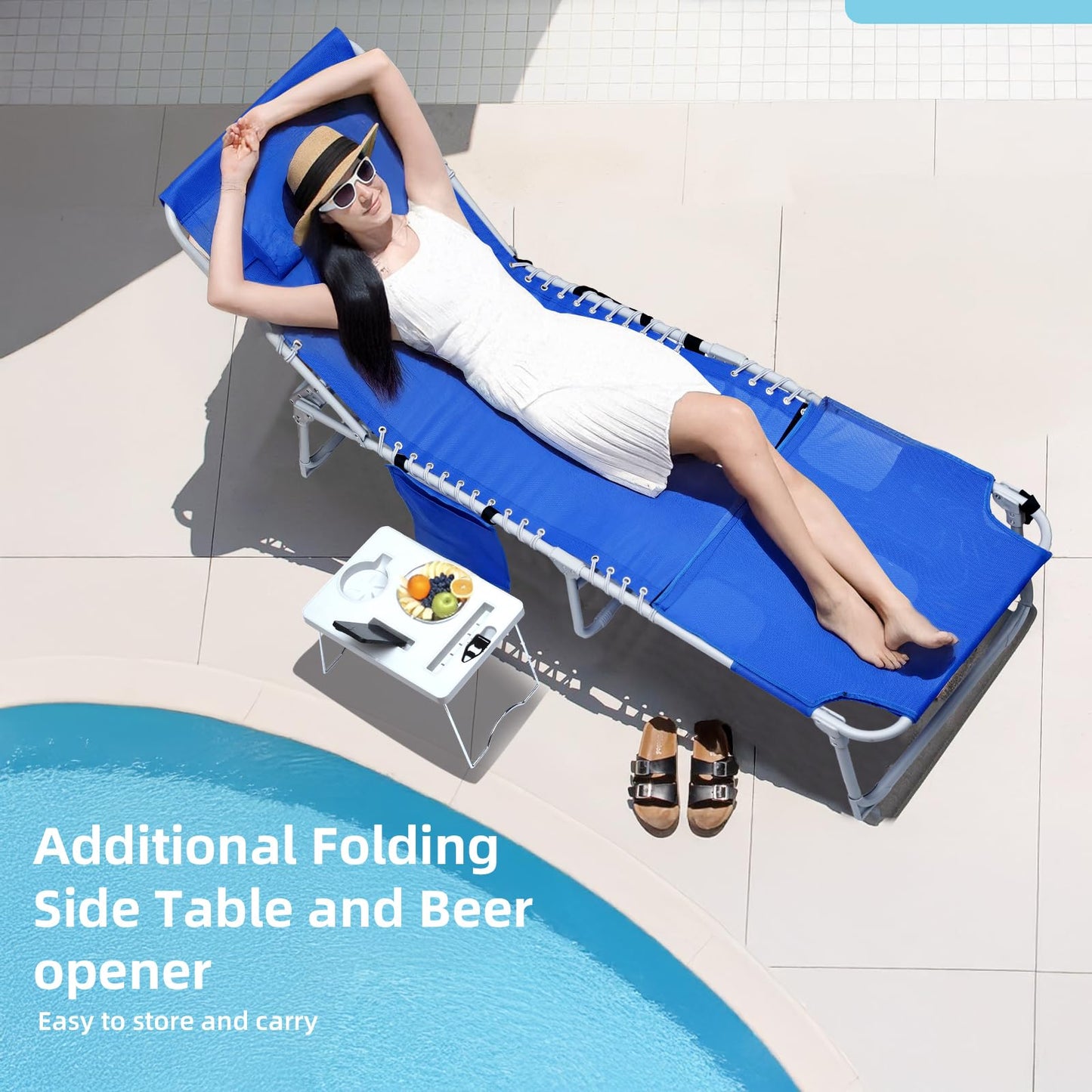Yestomo 3-in-1 Sun Tanning Chair with Face Holes, Breathable Chaise Lounge Chair Outdoor, 5-Position Recliner, Lay Flat, Folding Side Table, Removable Pillow, Max 330lbs, Beach, Patio, Camping, Blue