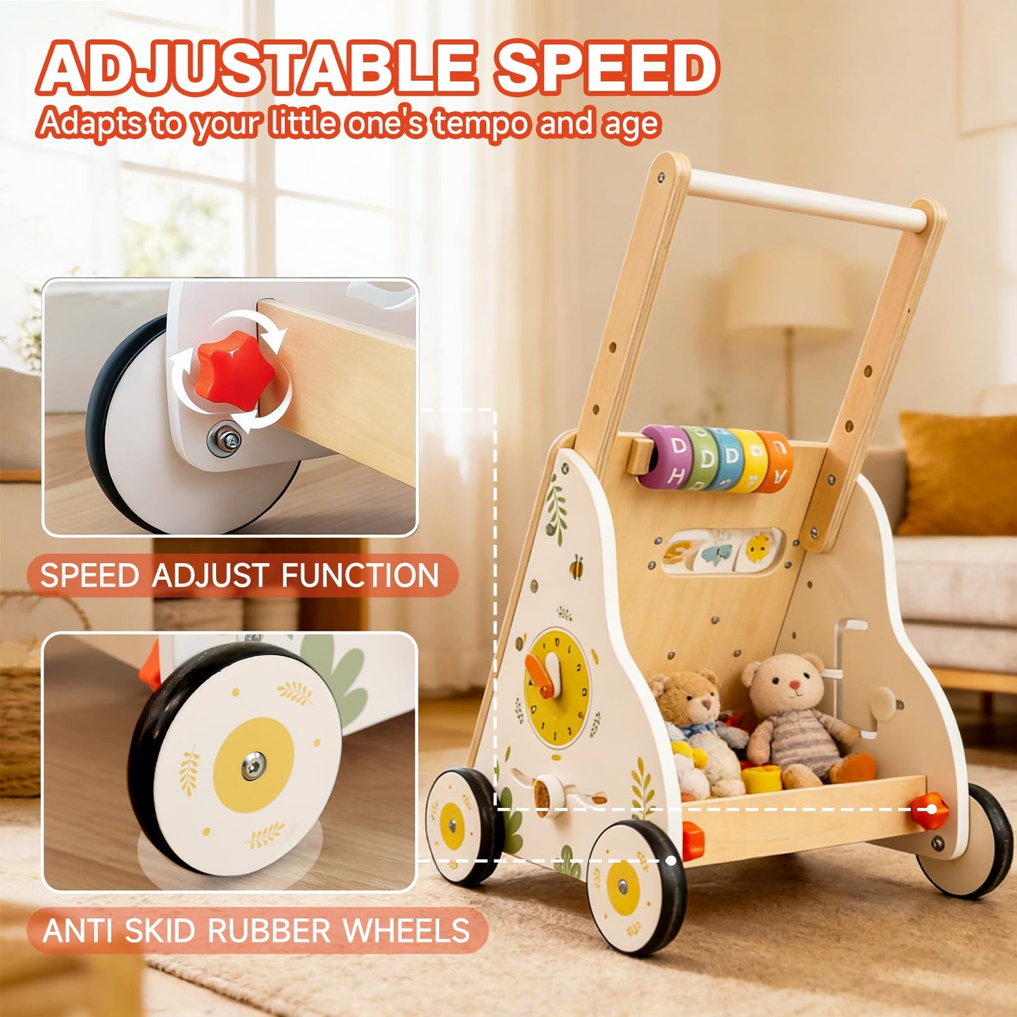 Wooden Baby Walker with Wheels, Baby Push Walker Adjustable Speed for Boys and Girls,Montessori Activity Center Walking Toys for 1 Year Old Learning to Walk,First Birthday Gift