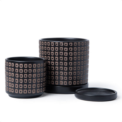 D'vine Dev Set of 2 Ceramic Planter Pots with Drainage Hole and Saucer, 4.5 Inch 6 Inch Plant Pots for Plants Indoor Houseplants, Black, 99-A-2