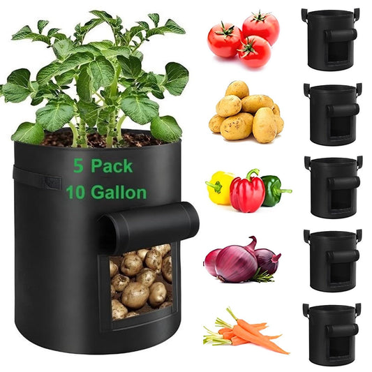 YOQXHY Potato Grow Bags,(5 Pack 10 Gallon) Garden Vegetables Growing Planter with Handles and Access Flap for Planting Potato Carrot Onion Taro Radish Peanut, (Black)