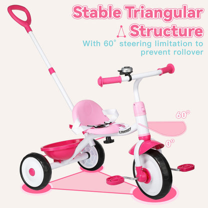 Liberry 2 in 1 Toddler Tricycle Age 2 3 4 Years Old, Kids Trike with Adjustable Push Handle, Bell & Basket, 3 Wheel Bike Riding Toy Birthday Gift for Girls Boys, Pink