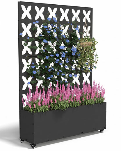 FOLAWO Metal Planter Box with Trellis,70.9"x47.2"x15.7" Raised Garden Bed with Drainage Holes, Privacy Planters for Outdoor Garden Bed for Climbing Plants,Vegetables,and Vines, Black-X