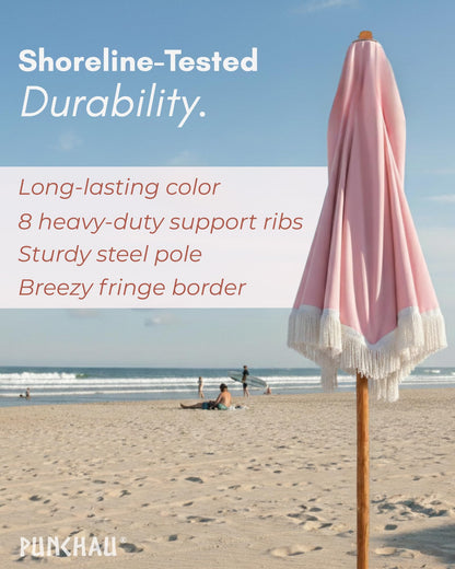 Punchau 6 Ft Fringe Patio Umbrella - Outdoor Umbrella for Patio, Pool, Table, Garden, Deck, and Beach - Push Button Tilt Pole - Fashionable Boho Vintage Tassels and Wood Print - Pink