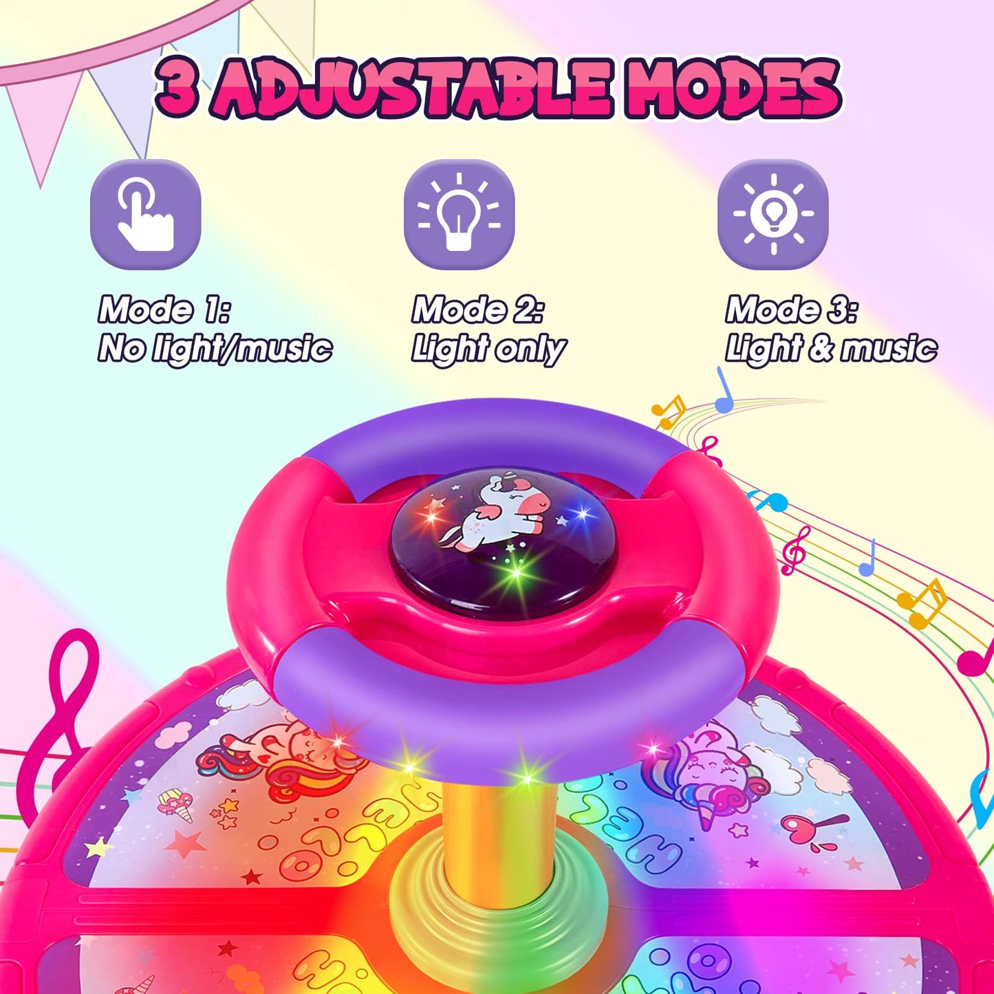 Unicorn Sit and Spin, GODELAIF Sit and Spin Toy 360° Spinning Stool Seat Sensory Toys Christmas Birthday Gift with Music & LED Lights for Kids Toddlers Girls Boys 2, 3, 4, 5, 6 Years Old