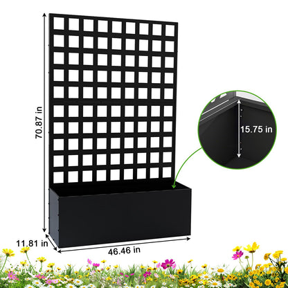 GarveeLife Metal Planter Box with Trellis, 71 in x47 in x12 in Raised Garden Bed with Trellis, Outdoor Garden Box with Privacy Screen & Drainage Holes for Climbing Plants Flower Vegetable, Black