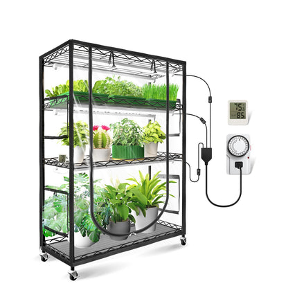 JESLED Indoor Greenhouse with Grow Light, 3FT Full Spectrum 5000K LED Light for Seed Starting, Tiered Lighting Control, Built-in Timer & Thermo-Hygrometer, Rolling Metal Plant Stand (35.4x13.8x59IN)