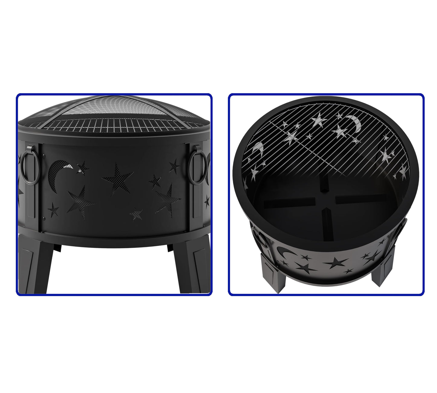 Kingson 26" Outdoor Fire Pit with Grill & Mesh Cover, Wood Burning Steel Firepit with Poker & Star Spark Screen, Heavy Duty Patio Fire Bowl for Backyard, Camping & Garden