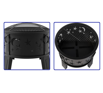 Kingson 26" Outdoor Fire Pit with Grill & Mesh Cover, Wood Burning Steel Firepit with Poker & Star Spark Screen, Heavy Duty Patio Fire Bowl for Backyard, Camping & Garden