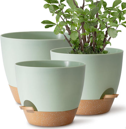 TYMENSH Plant Pots 12/10/9 inch Set of 3, Self Watering Flower Pots Indoor Outdoor, Planters with Drainage Hole Saucer Reservoir, Green