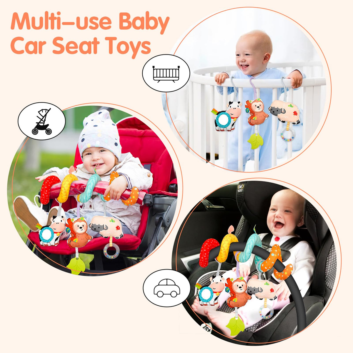 XIXILAND Black and White Baby Rattles & Colorful Farm Car Seat Toys Stroller Toys, Newborn to 12 Months