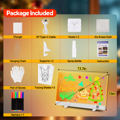 16-Inch Rechargeable LED Drawing Board for Kids with 9 Light Effects & 4 Modes, Includes Adapter, 7 Markers, Tracing Sheets, Gift for Kids/Girls/Teens