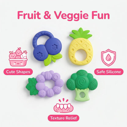 4 Pcs Silicone Baby Teether Set, Fruit Textured Baby Teething Toys, Infant Teething Newborn Teether for Infants, Freezer Safe Frozen Teething Toys, Essential Baby Gear