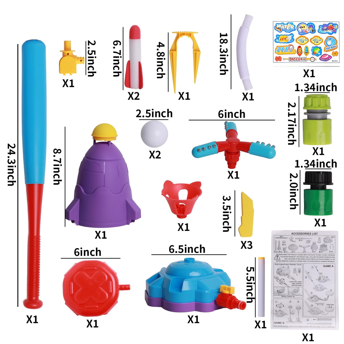 4-in-1 Water Sprinkler for Kids, Water Sprinkler Baseball Toy, Rocket Sprinklers, Rocket Launch Game, 360°Rotating Sprinklers Outdoor Summer Toys for Boys Girls