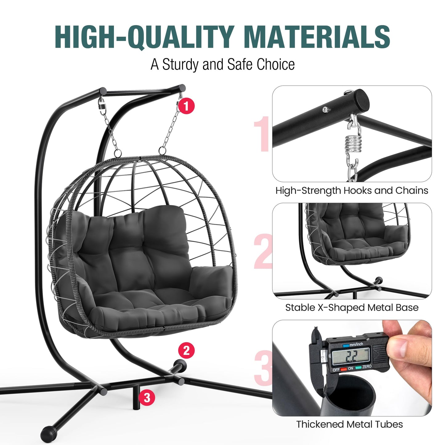 Pamapic Double Egg Chair wth Stand, 700 LBS Loveseat Rattan Swing Chair, UV Resistant Cushions with Armrests and Headrest, Thick Steel Frame Hammock Swing for Outdoor, Patio, Indoor(Grey)