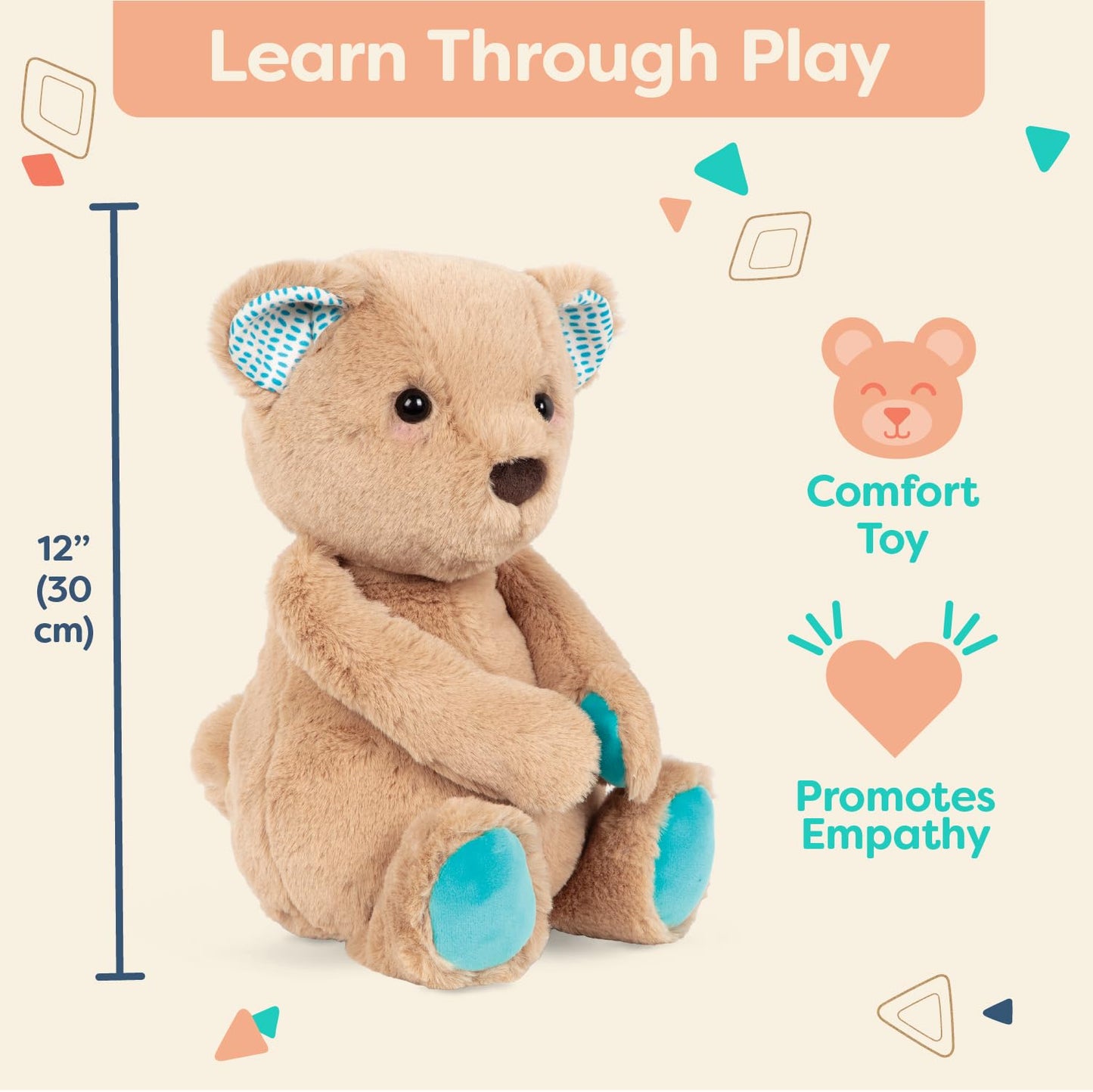 B. toys – 12-Inch Plush Teddy Bear – Soft & Cuddly Stuffed Animal Toy – Huggable & Washable – for Newborns, Toddlers, Kids – Happy Hues – Cara – Mellow Bear – 0+ Months
