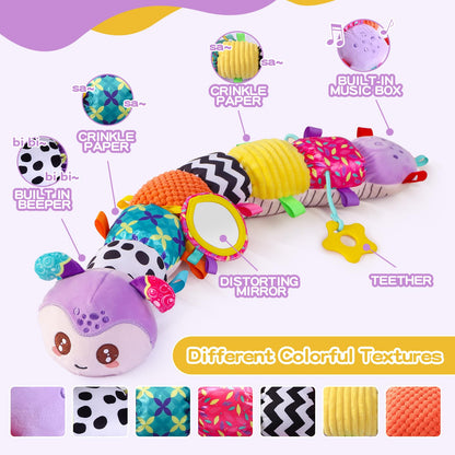 Baby Toys 0-6 Months, Musical Toys for Purple Caterpillar, Infant Stuffed Animal Soft Sensory Toys with Crinkle、 Rattles and Textures, Tummy Time Toys for Newborn Boys Girls 0 3 6 12 Months